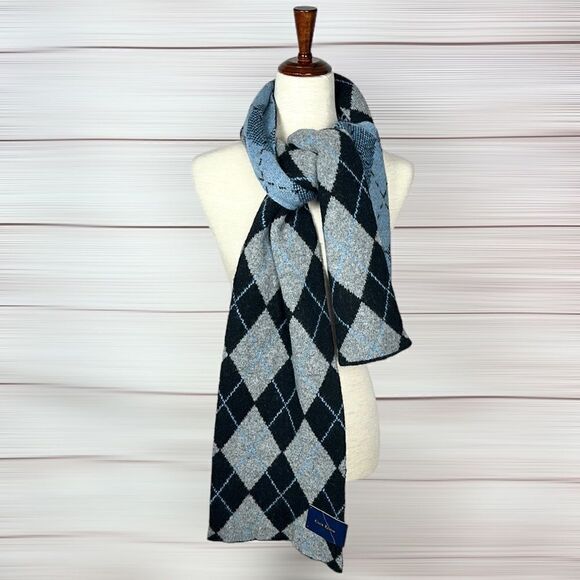 NWT Club Room Wool Blend Blue Gray Argyle Long Chunky Scarf Men’s Women’s - Picture 4 of 11